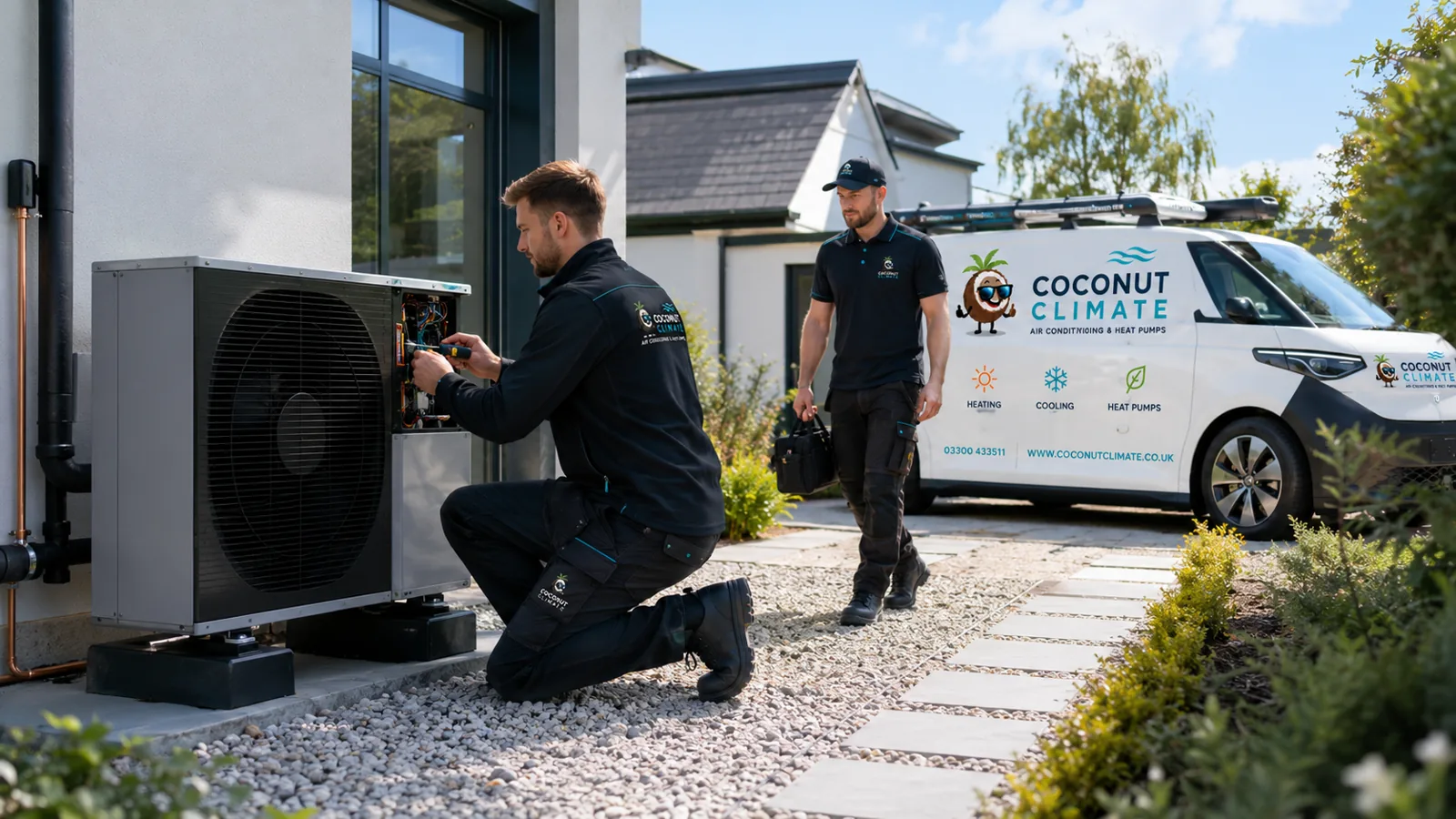 Coconut Climate engineers working on a heat pump